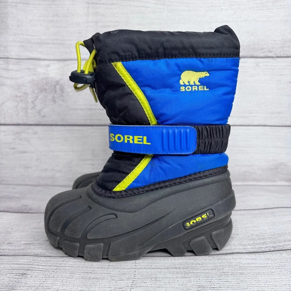 Sorel Flurry Kids Winter Snow Boots Blue Black Yellow NC1885-014 Size 10‎